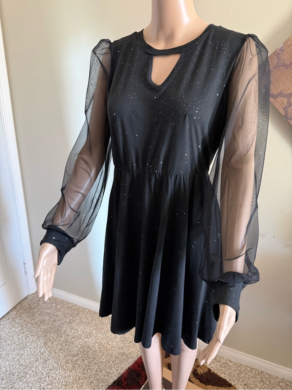 Black Sparkle Sheer-Sleeve Keyhole Dress